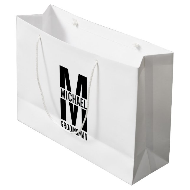 Modern Personalized Groomsmen Monogram and Name Large Gift Bag (Front Angled)