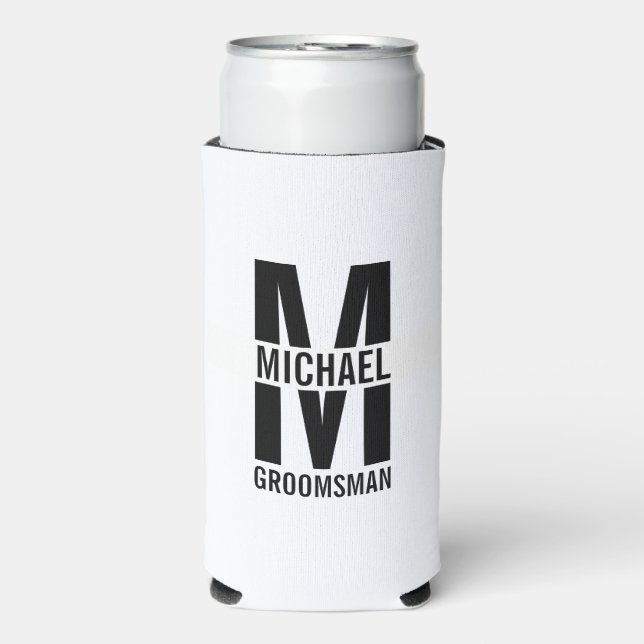 Modern Personalized Groomsmen Monogram and Name Seltzer Can Cooler (Seltzer Front)