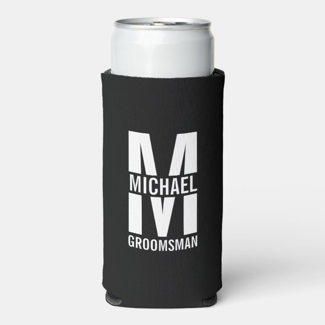 Modern Personalized Groomsmen Monogram and Name Seltzer Can Cooler (Seltzer Front)