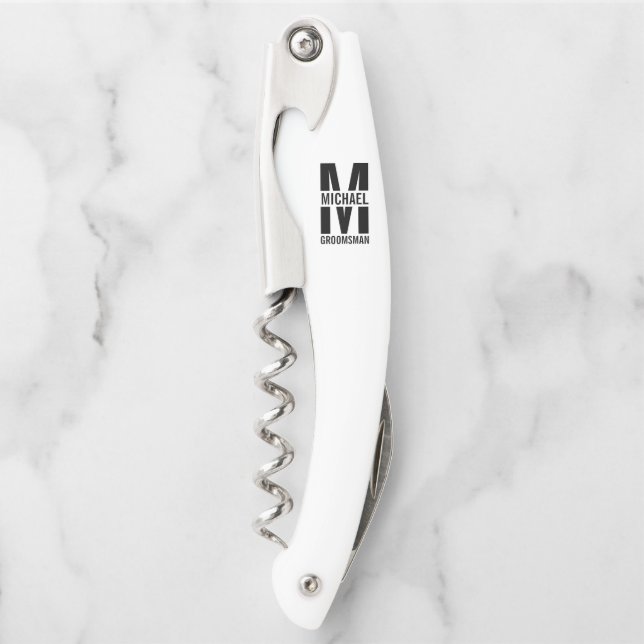 Modern Personalized Groomsmen Monogram and Name Waiter's Corkscrew (Front)