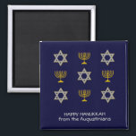 Modern Personalized Hanukkah Magnet<br><div class="desc">Modern HAPPY HANUKKAH magnet, showing faux gold and silver STAR OF DAVID and MENORAH in a tiled pattern. Text reads HAPPY HANUKKAH with a placeholder name, and is CUSTOMIZABLE, so you can PERSONALIZE it by adding your name or other text. Ideal for Hanukkah celebrations, and with customization can be suitable...</div>