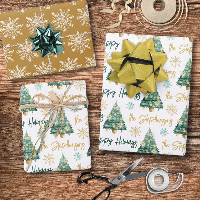 Modern Personalized Happy Holidays Tree Script Wrapping Paper Sheets (Creator Uploaded)