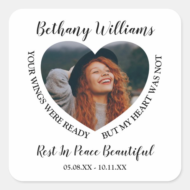 Modern Personalized Heart Photo Memoria Square Sticker (Front)
