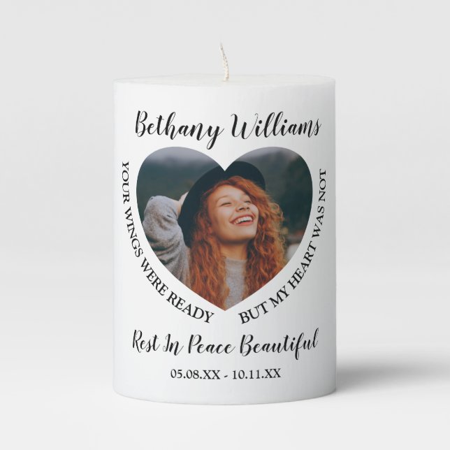 Modern Personalized Heart Photo Memorial Pillar Candle (Front)