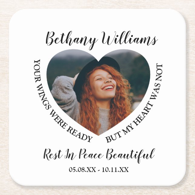 Modern Personalized Heart Photo Memorial Square Paper Coaster (Front)