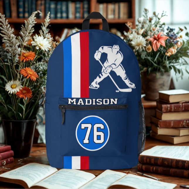 Modern Personalized Ice Hockey Player Name Number  Printed Backpack (Modern custom Hockey player name backpack)