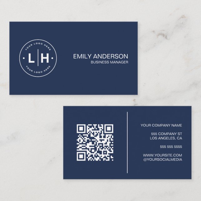 Modern Personalized Logo QR Navy Blue Business Card (Front/Back)