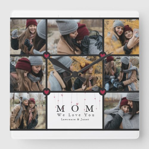 Modern Personalized Love You Mom 8 Photo collage Square Wall Clock