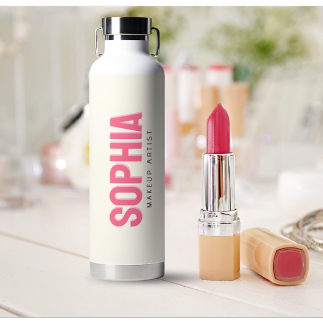 Modern Personalized Makeup Artist Name Pink Text Water Bottle (modern personalized makeup artist name water bottle)