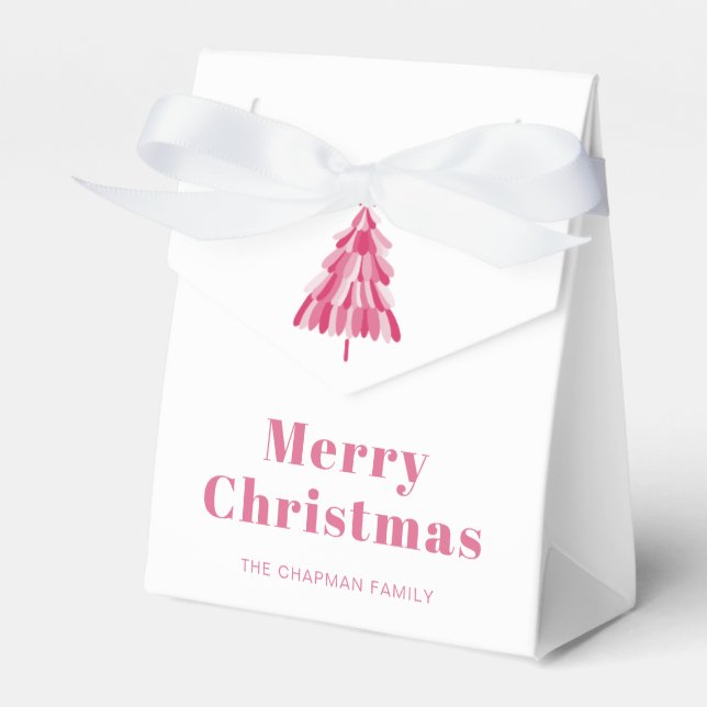 Modern Personalized Merry Christmas Pink Tree Favor Boxes (Front Side)
