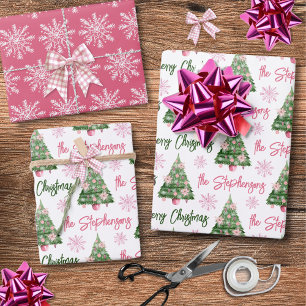 Modern Personalized Merry Christmas Tree Pink Wrapping Paper Sheets
