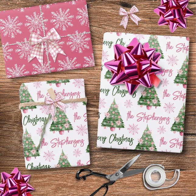 Modern Personalized Merry Christmas Tree Pink Wrapping Paper Sheets (Creator Uploaded)