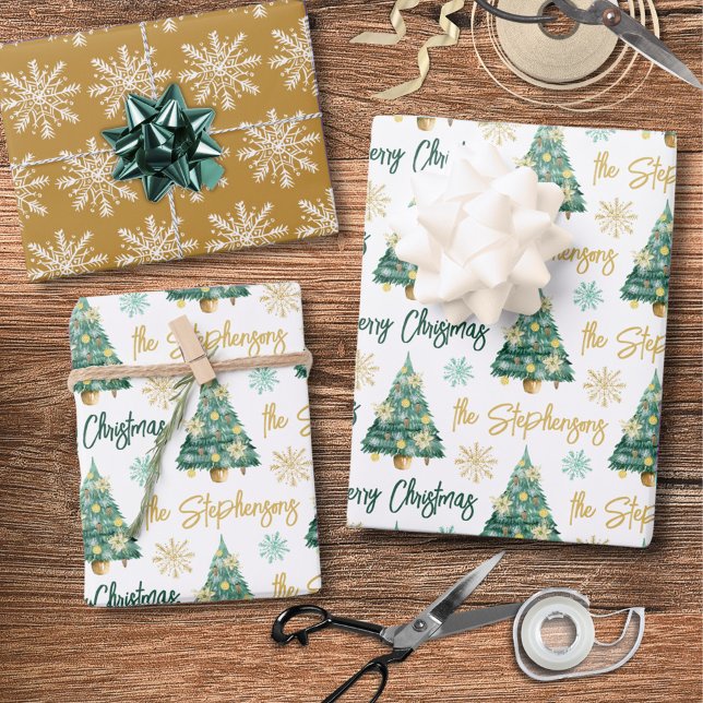 Modern Personalized Merry Christmas Tree Script Wrapping Paper Sheets (Creator Uploaded)