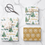 Modern Personalized Merry Christmas Tree Script Wrapping Paper Sheets<br><div class="desc">Create your own personalized coordinated set of novelty Christmas giftwrap with your choice of greeting (the sample shows MERRY CHRISTMAS) and your name or other custom text in a modern, trendy handwritten script font, a watercolor Christmas tree and snowflakes pattern in a green, gold and white color scheme. ASSISTANCE: For...</div>
