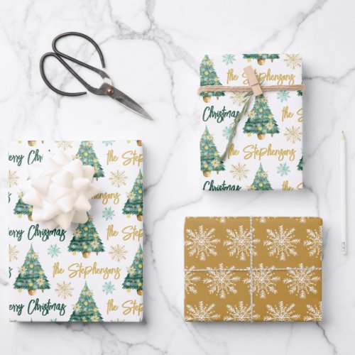 Modern Personalized Merry Christmas Tree Script Wrapping Paper Sheets