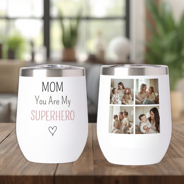 Modern Personalized Mom Superhero Photo Collage Thermal Wine Tumbler (Creator Uploaded)