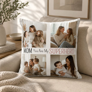 Modern Personalized Mom Superhero Photo Collage  Throw Pillow