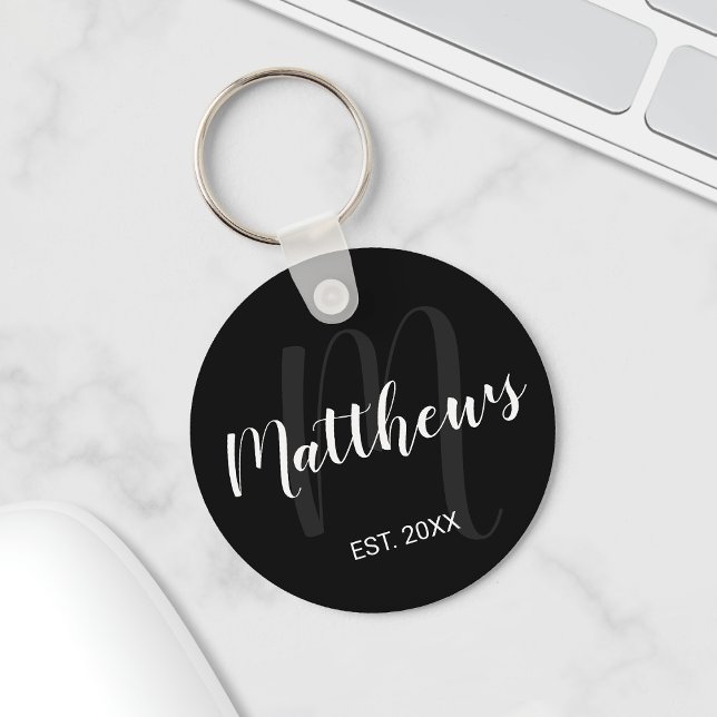 Modern Personalized Monogram and Family Name Black Keychain (Creator Uploaded)