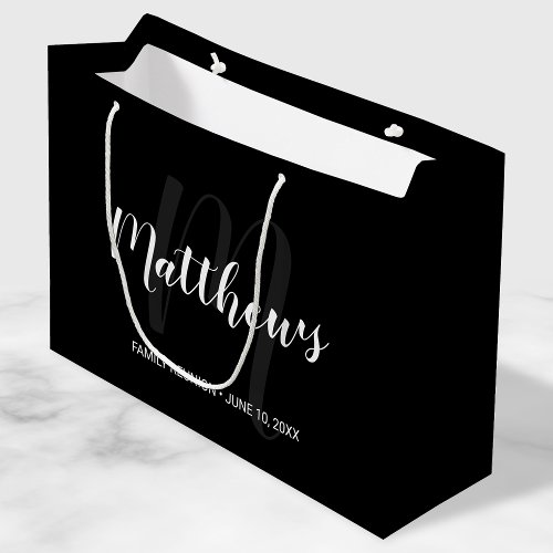 Modern Personalized Monogram and Family Name Black Large Gift Bag