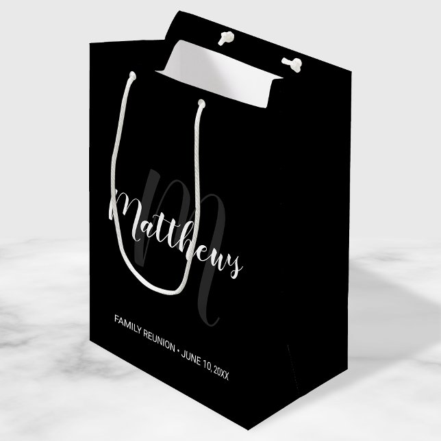 Modern Personalized Monogram and Family Name Black Medium Gift Bag (Creator Uploaded)
