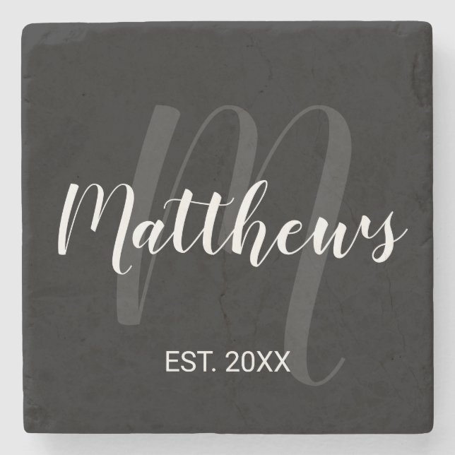 Modern Personalized Monogram and Family Name Black Stone Coaster (Front)