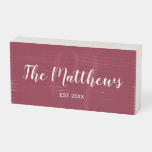 Modern Personalized Monogram and Family Name Red Wooden Box Sign