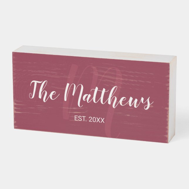 Modern Personalized Monogram and Family Name Red Wooden Box Sign (Angled Horizontal)