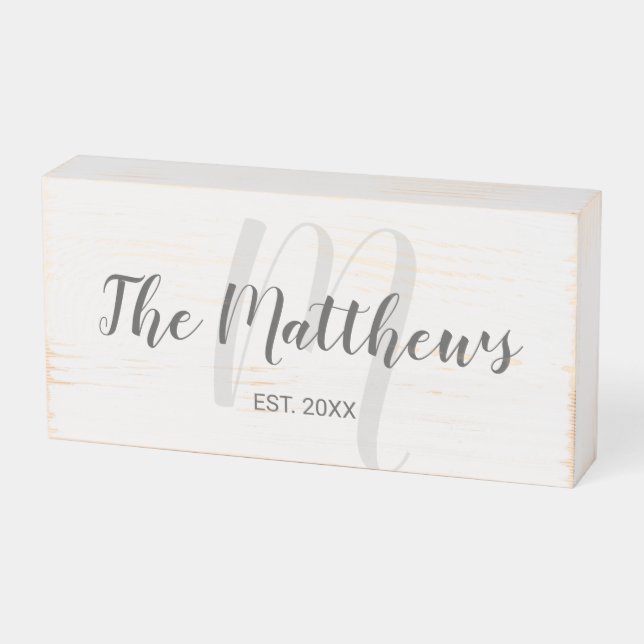 Modern Personalized Monogram and Family Name White Wooden Box Sign (Angled Horizontal)