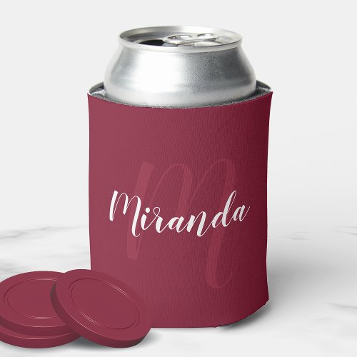 Modern Personalized Monogram and Name Burgundy Red Can Cooler