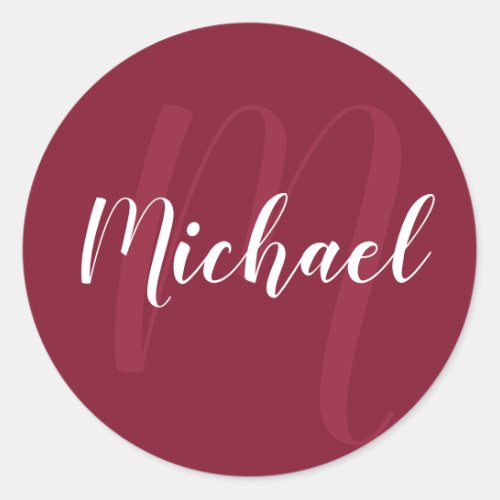Modern Personalized Monogram and Name Burgundy Red Classic Round Sticker