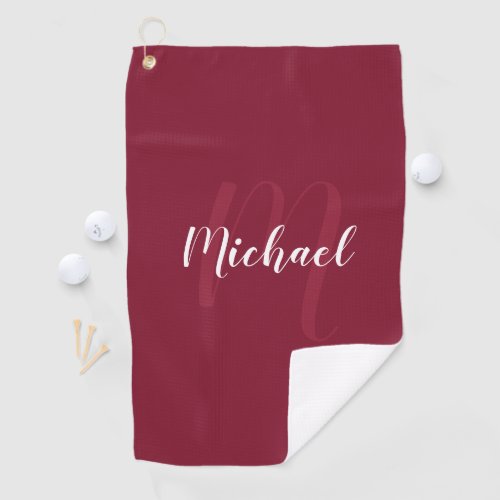 Modern Personalized Monogram and Name Burgundy Red Golf Towel