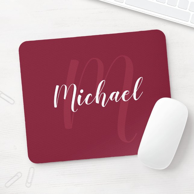 Modern Personalized Monogram and Name Burgundy Red Mouse Pad (Creator Uploaded)