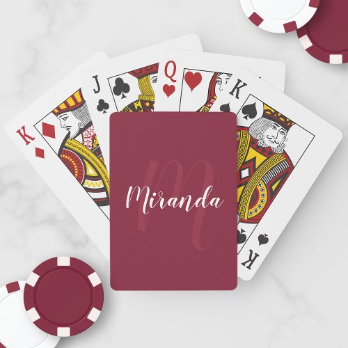 Modern Personalized Monogram and Name Burgundy Red Poker Cards