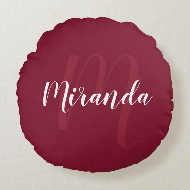 Modern Personalized Monogram and Name Burgundy Red Round Pillow (Front)