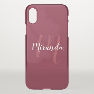 Modern Personalized Monogram and Name Burgundy Red iPhone XS Case