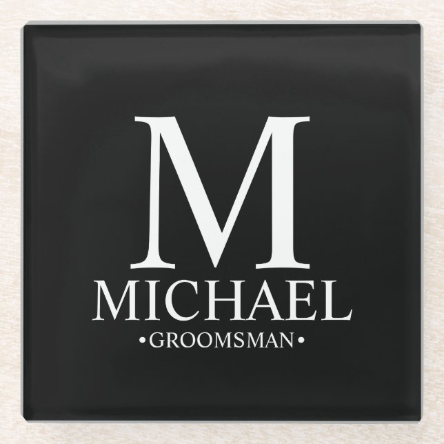 Modern Personalized Monogram and Name Groomsman Glass Coaster (Front)