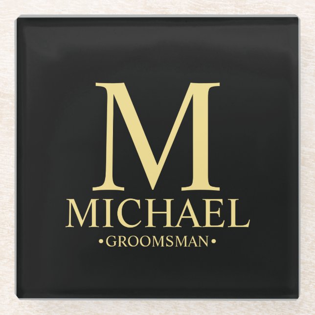 Modern Personalized Monogram and Name Groomsman Glass Coaster (Front)