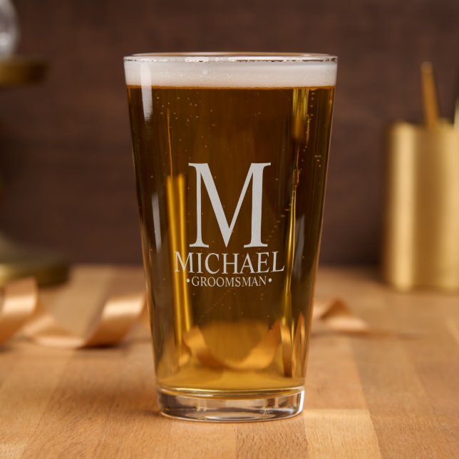 Modern Personalized Monogram and Name Groomsman Pint Glass (Party)