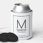 Modern Personalized Monogram and Name Groomsmen Ca Can Cooler<br><div class="desc">Add a personal touch to your wedding with personalized groomsmen can cooler.
This can cooler features personalized groomsman's monogram and name with title and wedding date in black modern sans serif font style on white background.

Also perfect for best man,  father of the bride and more.</div>