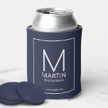 Modern Personalized Monogram and Name Groomsmen Can Cooler<br><div class="desc">Add a personal touch to your wedding with personalized groomsmen can cooler.
This can cooler features personalized groomsman's monogram and name with title and wedding date in white modern sans serif font style on navy blue background.

Also perfect for best man,  father of the bride and more.</div>