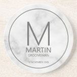 Modern Personalized Monogram and Name Groomsmen Co Coaster<br><div class="desc">Add a personal touch to your wedding with personalized groomsmen coaster. This coaster features personalized groomsman's monogram and name with title and wedding date in grey modern sans serif font style on white marble background. Also perfect for best man, father of the bride and more. Please note: The marble details...</div>