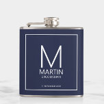 Modern Personalized Monogram and Name Groomsmen Flask<br><div class="desc">Add a personal touch to your wedding with personalized groomsmen flask.
This flask features personalized groomsman's monogram and name with title and wedding date in white modern sans serif font style on navy blue background.

Also perfect for best man,  father of the bride and more.</div>