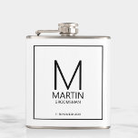 Modern Personalized Monogram and Name Groomsmen Flask<br><div class="desc">Add a personal touch to your wedding with personalized groomsmen flask.
This flask features personalized groomsman's monogram and name with title and wedding date in black modern sans serif font style on white background.

Also perfect for best man,  father of the bride and more.</div>