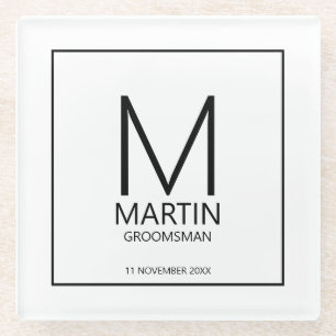 Modern Personalized Monogram and Name Groomsmen Glass Coaster