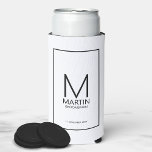 Modern Personalized Monogram and Name Groomsmen Seltzer Can Cooler<br><div class="desc">Add a personal touch to your wedding with personalized groomsmen can cooler.
This can cooler features personalized groomsman's monogram and name with title and wedding date in black modern sans serif font style on white background.

Also perfect for best man,  father of the bride and more.</div>