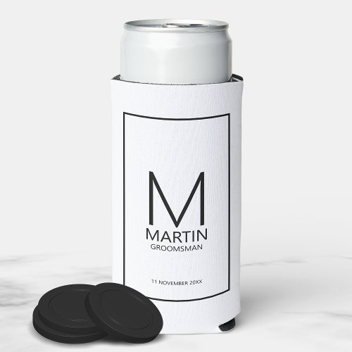 Modern Personalized Monogram and Name Groomsmen Seltzer Can Cooler