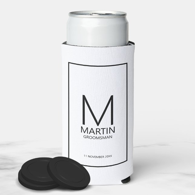 Modern Personalized Monogram and Name Groomsmen Seltzer Can Cooler (Creator Uploaded)