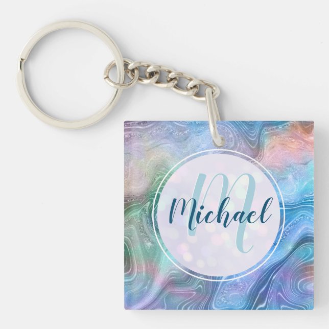 Modern Personalized Monogram and Name Liquid  Keychain (Front)