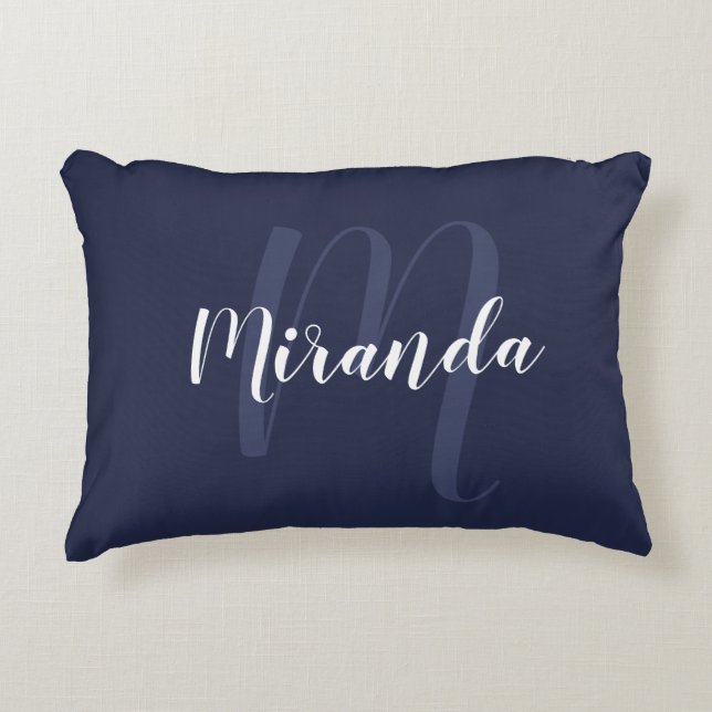 Modern Personalized Monogram and Name Navy Blue Accent Pillow (Front)