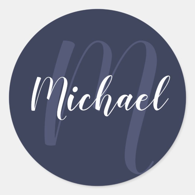 Modern Personalized Monogram and Name Navy Blue Classic Round Sticker (Front)